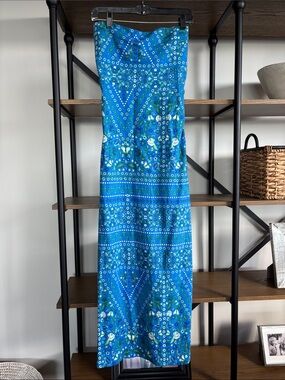 Blue Floral Strapless Maxi Dress